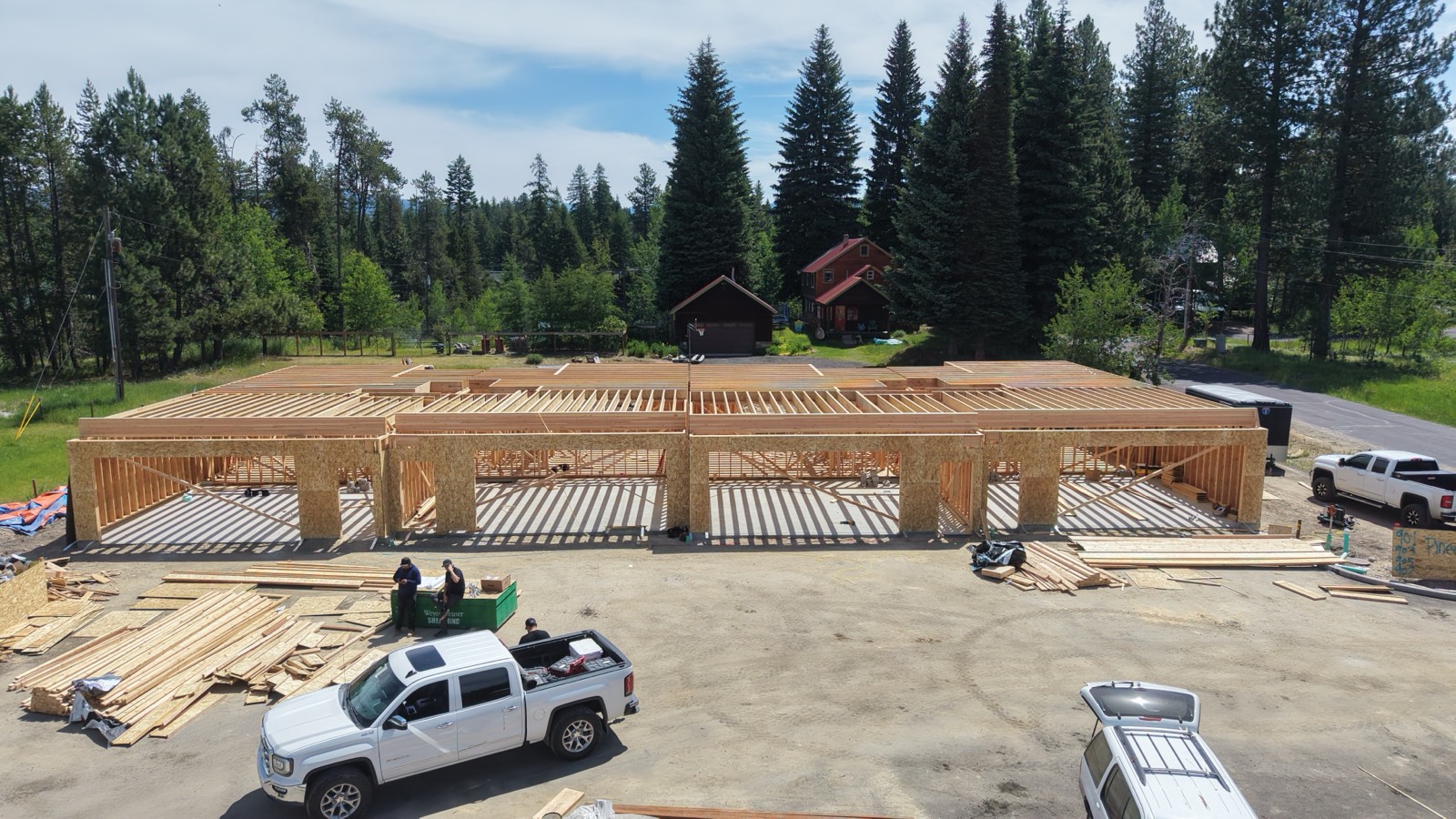 Drone view of framing progress on a mountain build