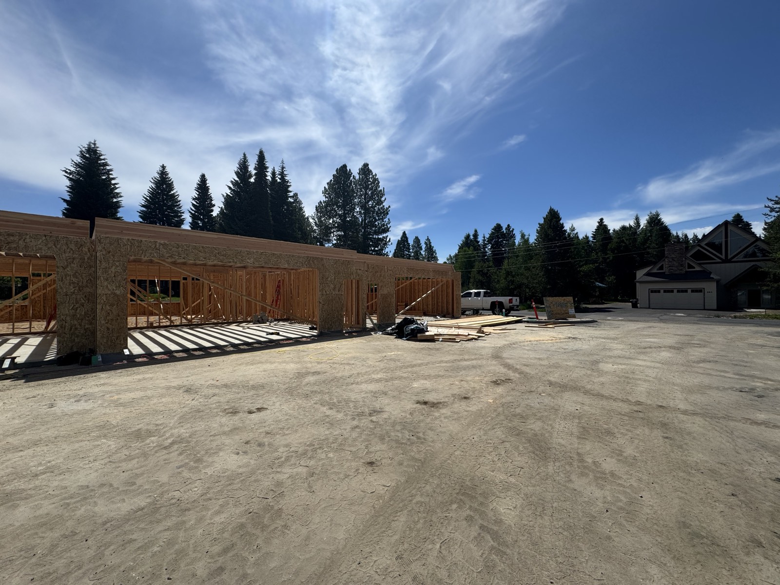 Framed walls rising among tall pines